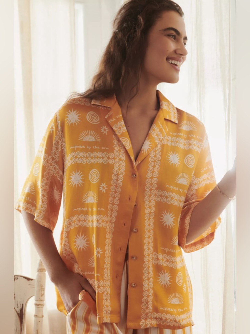 Anthropologie Agathe Marty Silky Multicolor Button Down Top Art Print Size M